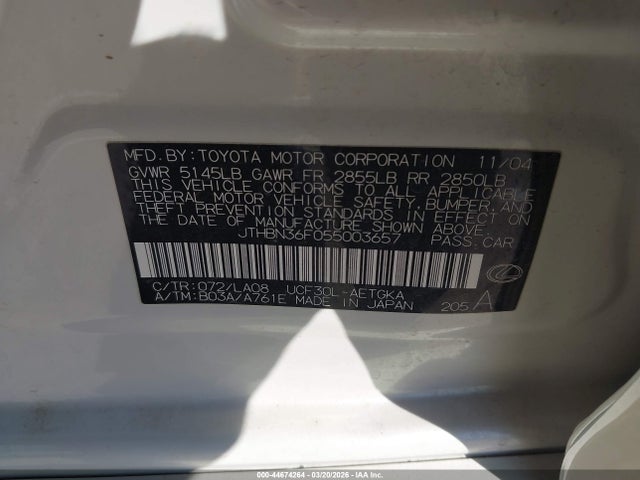 44674264 :رقم المزاد ، JTHBN36F055003657 vin ، 2005 Lexus Ls 430 مزاد بيع