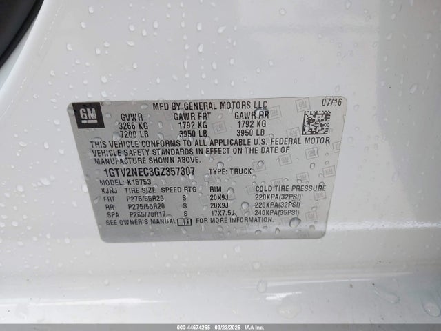 Продаж на аукціоні авто 2016 Gmc Sierra 1500 Slt, vin: 1GTV2NEC3GZ357307, номер лоту: 44674265