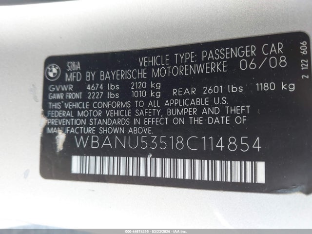 Продаж на аукціоні авто 2008 Bmw 528i, vin: WBANU53518C114854, номер лоту: 44674295