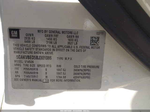 Aukcja sprzedaży 2011 Buick Enclave 1xl, vin: 5GAKVBED5BJ301086, numer aukcji: 44674305