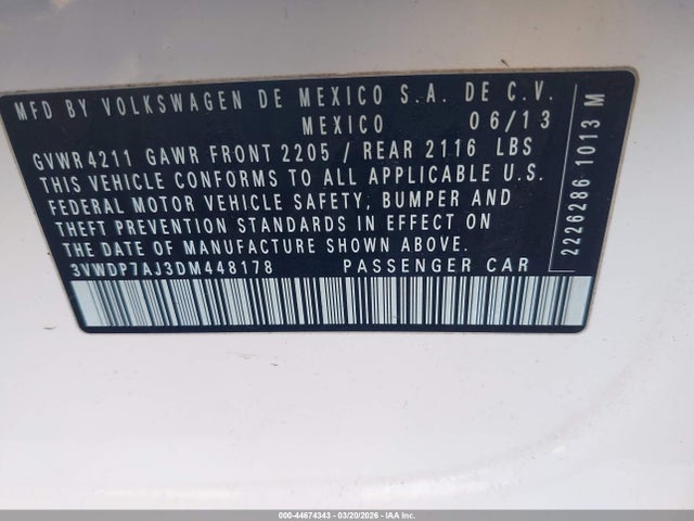 44674343 :رقم المزاد ، 3VWDP7AJ3DM448178 vin ، 2013 Volkswagen Jetta 2.5l Se مزاد بيع
