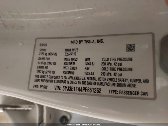 2023 Tesla Model 3 Rear-wheel Drive მანქანა იყიდება აუქციონზე, vin: 5YJ3E1EA4PF651262, აუქციონის ნომერი: 44674345