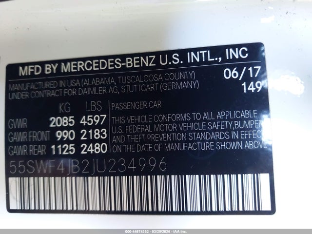 55SWF4JB2JU234996 Mercedes-Benz C 300