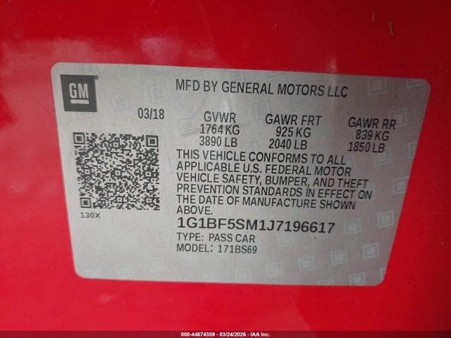 1G1BF5SM1J7196617 Chevrolet Cruze Premier Auto
