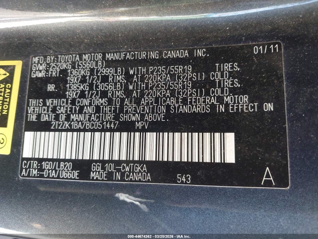 44674362 :رقم المزاد ، 2T2ZK1BA7BC051447 vin ، 2011 Lexus Rx 350 مزاد بيع