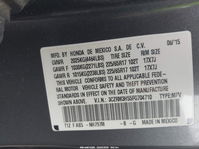 44674369 :رقم المزاد ، 3CZRM3H55FG704710 vin ، 2015 Honda Cr-v Ex مزاد بيع