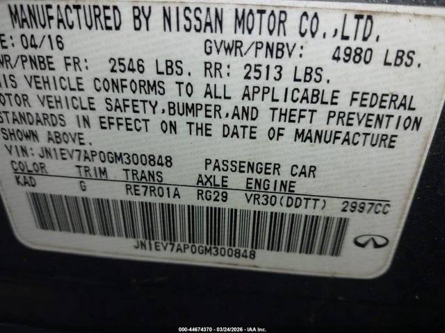 Продаж на аукціоні авто 2016 Infiniti Q50 3.0t Premium, vin: JN1EV7AP0GM300848, номер лоту: 44674370