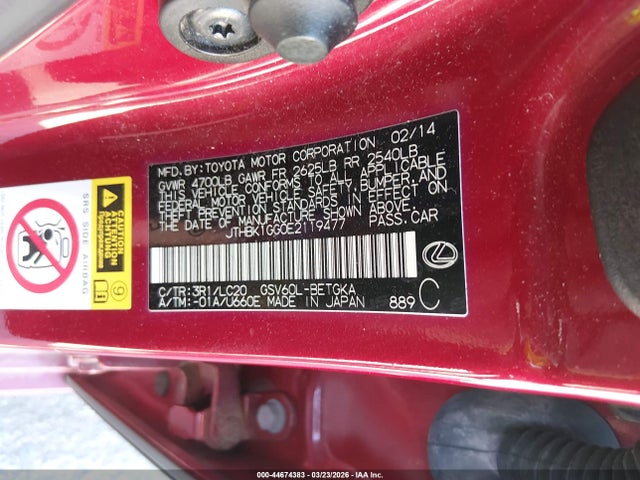 44674383 :رقم المزاد ، JTHBK1GG0E2119477 vin ، 2014 Lexus Es 350 مزاد بيع