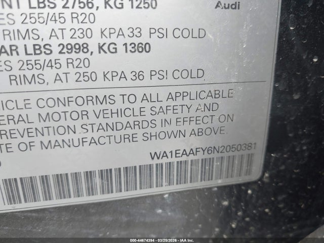 44674394 :رقم المزاد ، WA1EAAFY6N2050381 vin ، 2022 Audi Q5 Premium Plus 45 Tfsi S Line Quattro S Tronic مزاد بيع