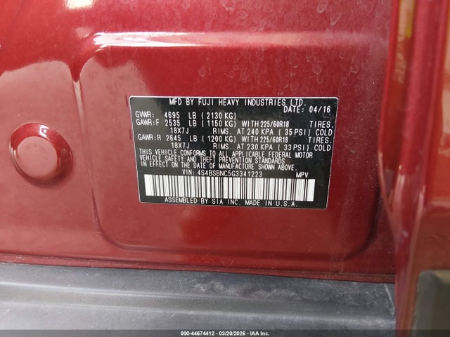 Продажа на аукционе авто 2016 Subaru Outback 2.5i Limited, vin: 4S4BSBNC5G3341223, номер лота: 44674412