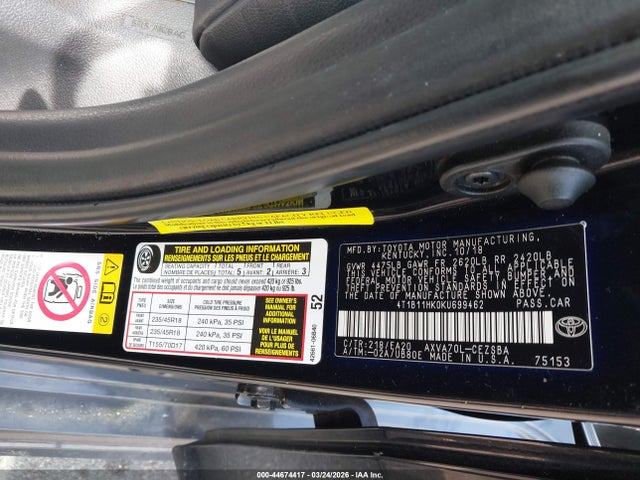 4T1B11HK0KU699462 Toyota CAMRY SE