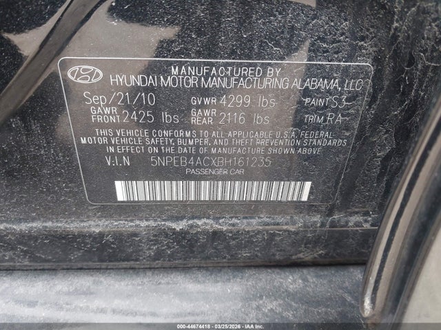 Продажа на аукционе авто 2011 Hyundai Sonata Gls, vin: 5NPEB4ACXBH161235, номер лота: 44674418