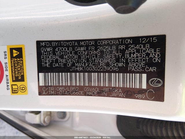 Aukcja sprzedaży 2016 Lexus Es 350, vin: JTHBK1GG3G2239096, numer aukcji: 44674421