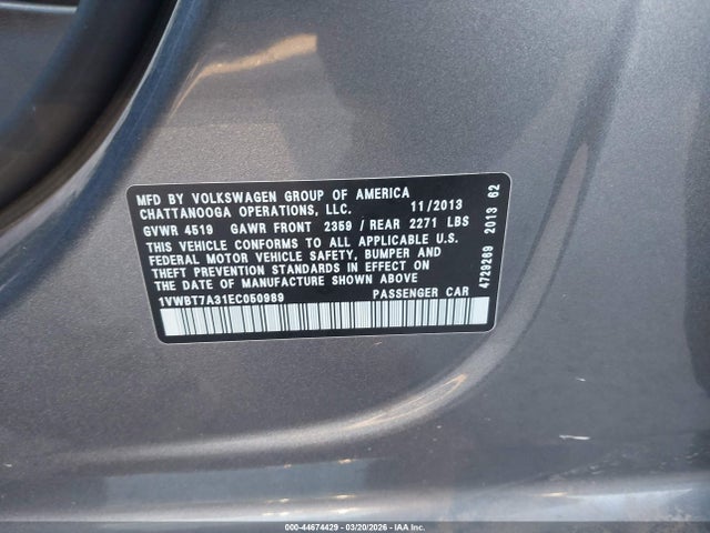 44674429 :رقم المزاد ، 1VWBT7A31EC050989 vin ، 2014 Volkswagen Passat 1.8t Se مزاد بيع