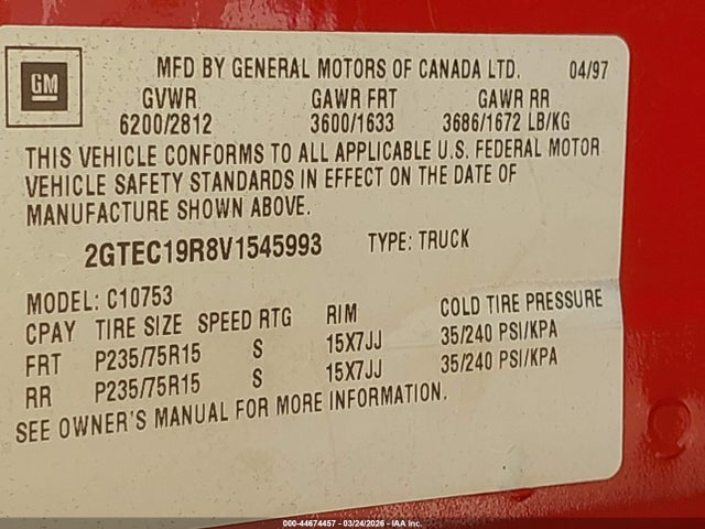 Продаж на аукціоні авто 1997 Gmc Sierra 1500 Sl Wideside, vin: 2GTEC19R8V1545993, номер лоту: 44674457