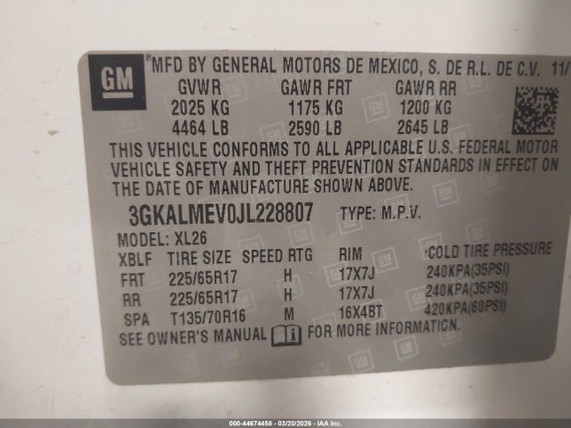 Aukcja sprzedaży 2018 Gmc Terrain Sle, vin: 3GKALMEV0JL228807, numer aukcji: 44674458