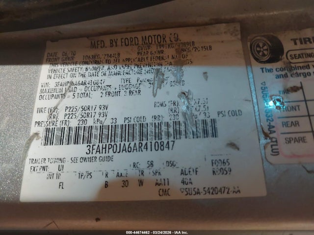 Aukcja sprzedaży 2010 Ford Fusion Sel, vin: 3FAHP0JA6AR410847, numer aukcji: 44674462