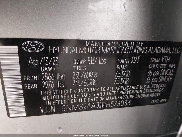 5NMS24AJ1PH573033 Hyundai Santa Fe Sel