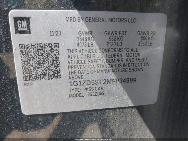 1G1ZD5ST2MF034999 Chevrolet Malibu Fwd Lt
