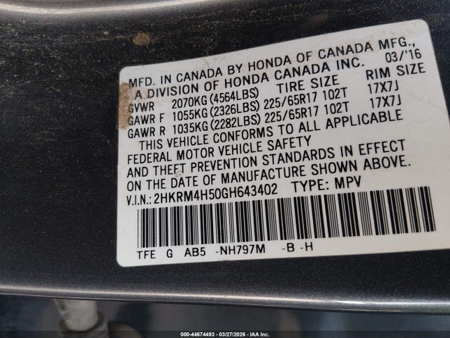 Honda CR-V EX 2016 2HKRM4H50GH643402 Image 9