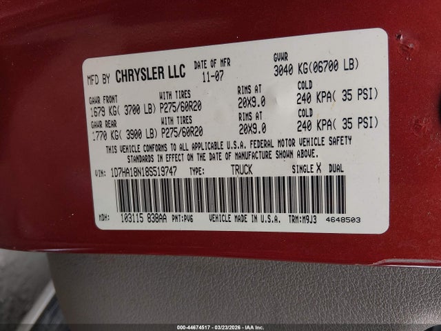 44674517 :رقم المزاد ، 1D7HA18N18S519747 vin ، 2008 Dodge Ram 1500 Slt مزاد بيع