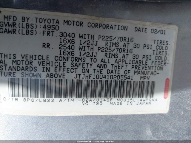 44674554 :رقم المزاد ، JTJHF10U410205541 vin ، 2001 Lexus Rx 300 مزاد بيع