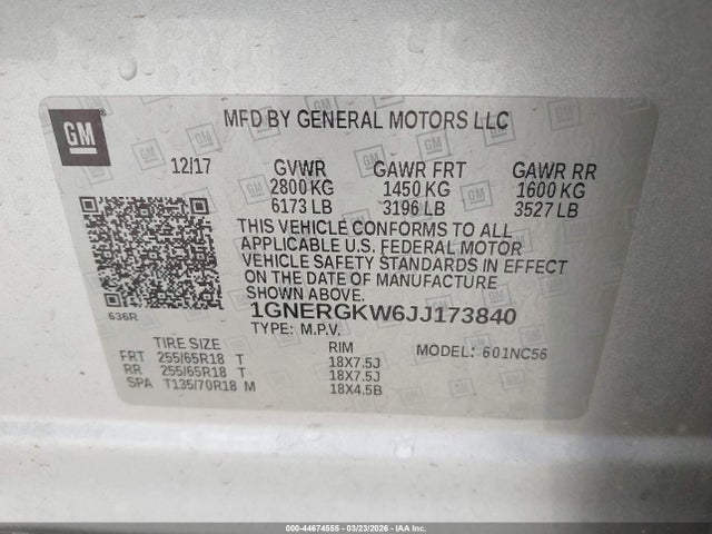 1GNERGKW6JJ173840 Chevrolet Traverse 1lt