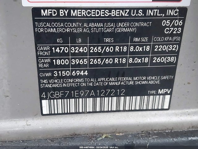 Aukcja sprzedaży 2007 Mercedes-benz Gl 450 4matic, vin: 4JGBF71E97A127212, numer aukcji: 44674564