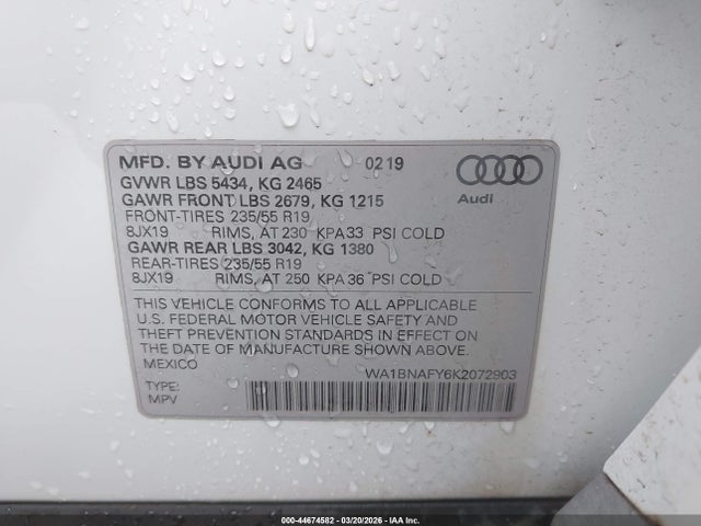 44674582 :رقم المزاد ، WA1BNAFY6K2072903 vin ، 2019 Audi Q5 45 Premium مزاد بيع