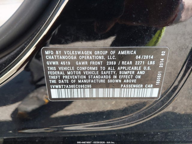 Aukcja sprzedaży 2014 Volkswagen Passat 1.8t Se, vin: 1VWBT7A36EC095295, numer aukcji: 44674587