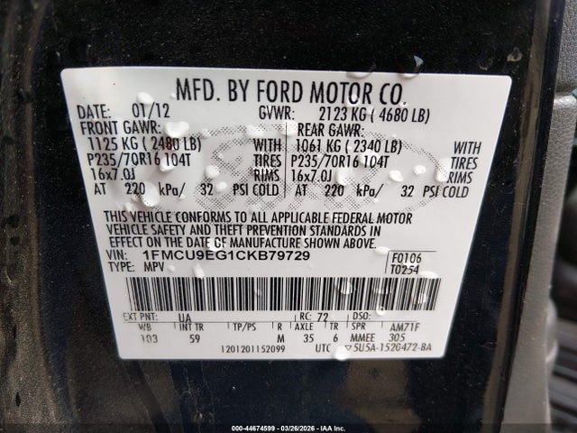 44674599 :رقم المزاد ، 1FMCU9EG1CKB79729 vin ، 2012 Ford Escape Limited مزاد بيع