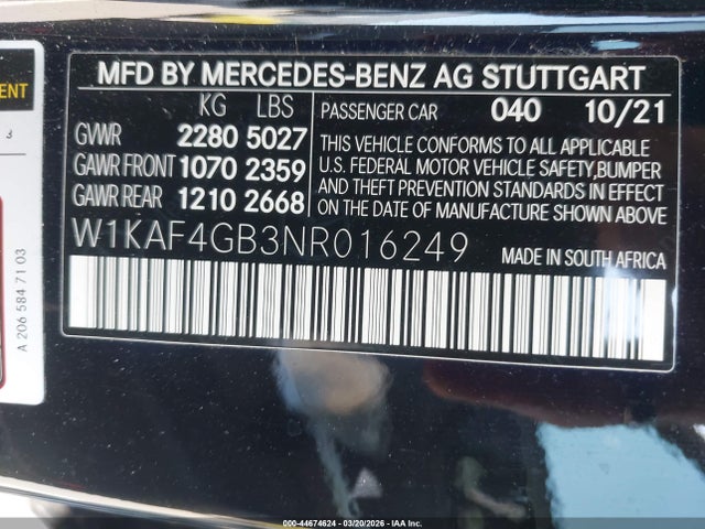 W1KAF4GB3NR016249 Mercedes-Benz C 300 Sedan