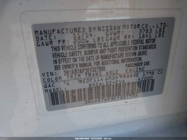 3N1AB7AP3EY327995 Nissan SENTRA SV