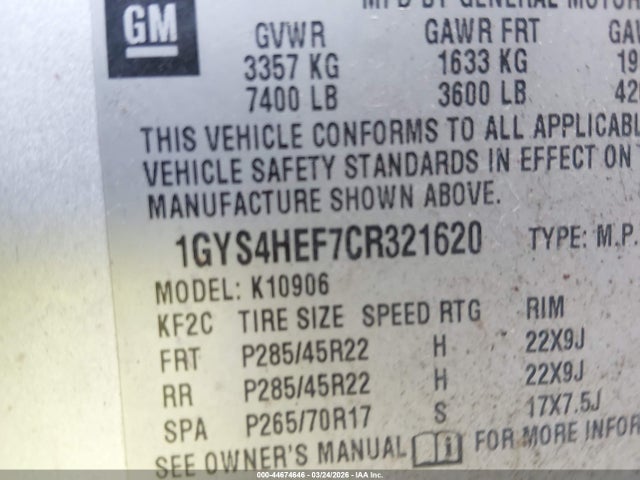 44674646 :رقم المزاد ، 1GYS4HEF7CR321620 vin ، 2012 Cadillac Escalade Esv Luxury مزاد بيع