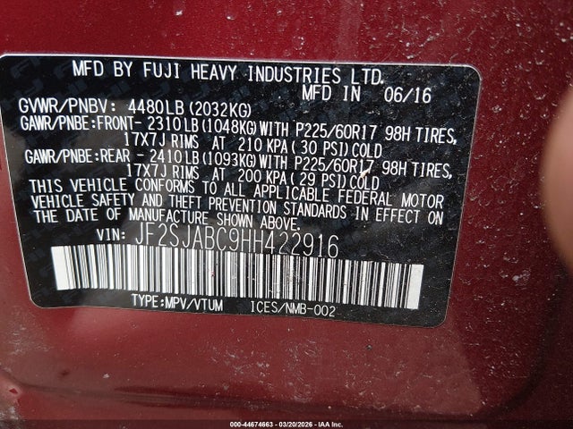 Aukcja sprzedaży 2017 Subaru Forester 2.5i, vin: JF2SJABC9HH422916, numer aukcji: 44674663