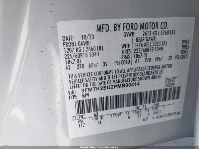 Aukcja sprzedaży 2023 Ford Mustang Mach-e California Route 1, vin: 3FMTK2SU2PMB00414, numer aukcji: 44674664