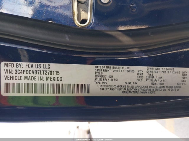 44674673 :رقم المزاد ، 3C4PDCAB7LT278115 vin ، 2020 Dodge Journey Se Value مزاد بيع