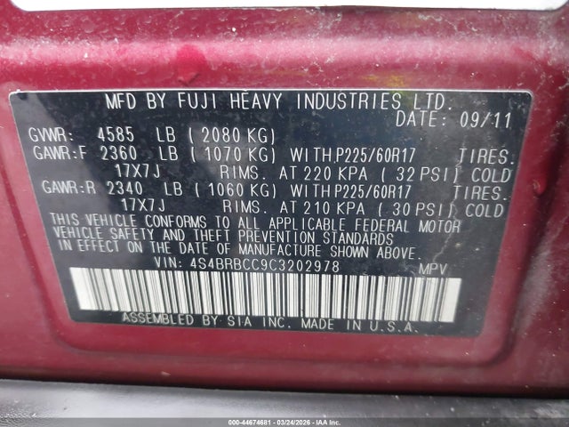 2012 Subaru Outback 2.5i Premium მანქანა იყიდება აუქციონზე, vin: 4S4BRBCC9C3202978, აუქციონის ნომერი: 44674681