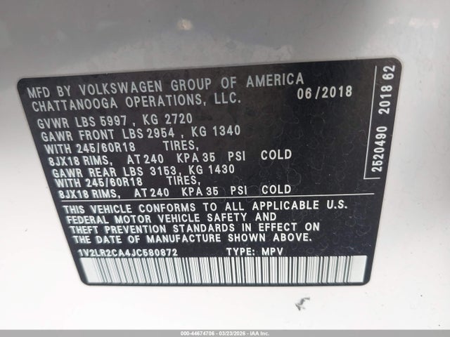 Продажа на аукционе авто 2018 Volkswagen Atlas 3.6l V6 Se/3.6l V6 Se W/technology, vin: 1V2LR2CA4JC580872, номер лота: 44674706