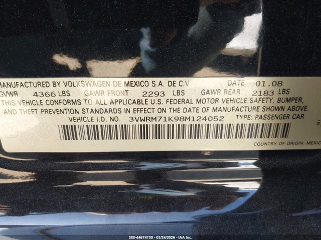 2008 Volkswagen Jetta Se/sel მანქანა იყიდება აუქციონზე, vin: 3VWRM71K98M124052, აუქციონის ნომერი: 44674709