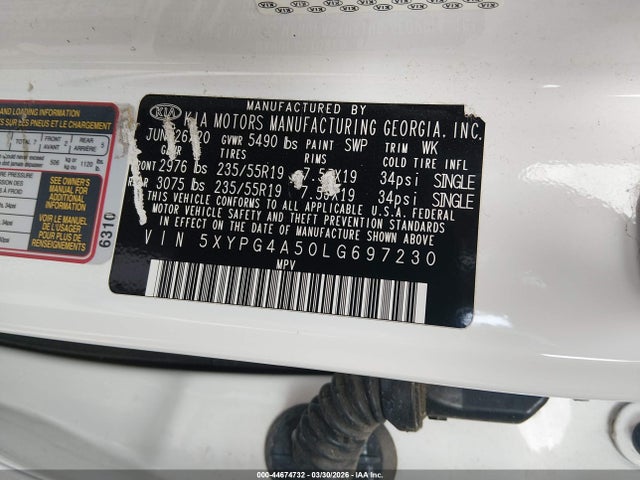 Aukcja sprzedaży 2020 Kia Sorento 3.3l S, vin: 5XYPG4A50LG697230, numer aukcji: 44674732