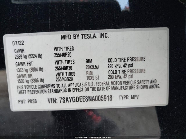 Aukcja sprzedaży 2022 Tesla Model Y Long Range Dual Motor All-wheel Drive, vin: 7SAYGDEE8NA005918, numer aukcji: 44674761