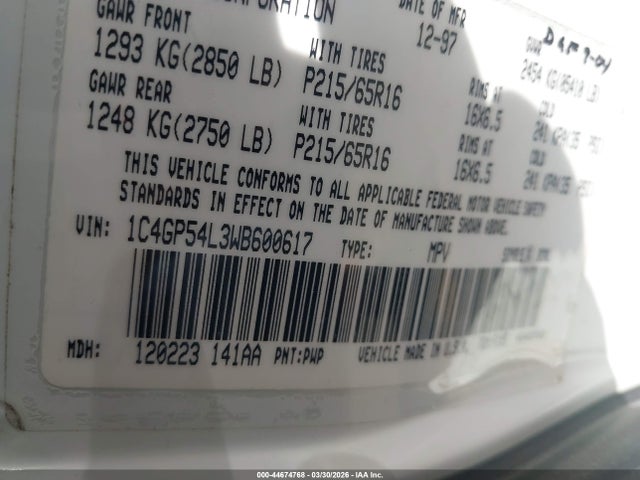 1998 Chrysler Town & Country Lx მანქანა იყიდება აუქციონზე, vin: 1C4GP54L3WB600617, აუქციონის ნომერი: 44674768