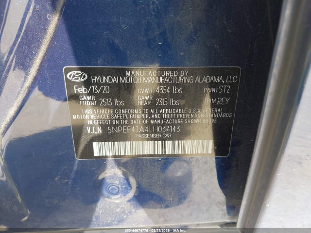 5NPEF4JA4LH037143 Hyundai SONATA SEL