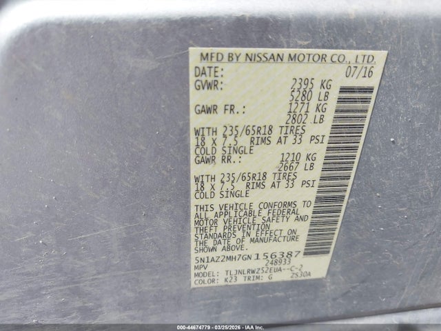 44674779 :رقم المزاد ، 5N1AZ2MH7GN156387 vin ، 2016 Nissan Murano Sl مزاد بيع