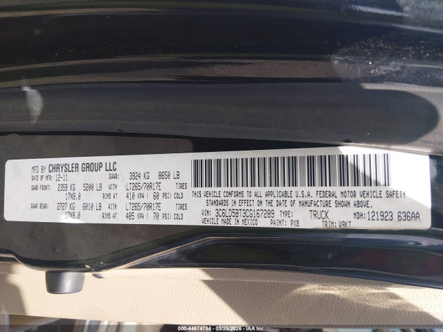44674784 :رقم المزاد ، 3C6LD5BT9CG167289 vin ، 2012 Ram 2500 Slt مزاد بيع