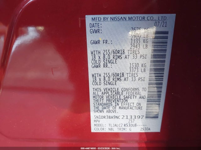 Продаж на аукціоні авто 2022 Nissan Pathfinder Sv 2wd, vin: 5N1DR3BA9NC213397, номер лоту: 44674800