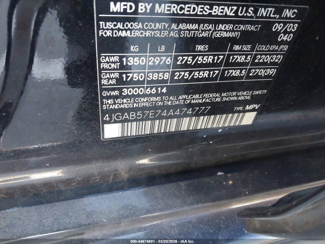 Aukcja sprzedaży 2004 Mercedes-benz Ml 350 4matic, vin: 4JGAB57E74A474777, numer aukcji: 44674801