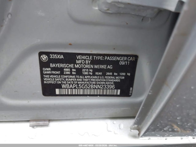 44674808 :رقم المزاد ، WBAPL5G52BNN23396 vin ، 2011 Bmw 335i Xdrive مزاد بيع