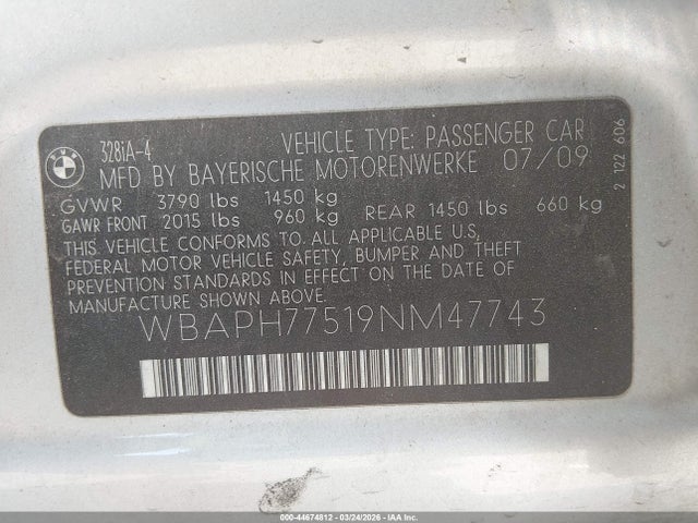 Продажа на аукционе авто 2009 Bmw 328i, vin: WBAPH77519NM47743, номер лота: 44674812